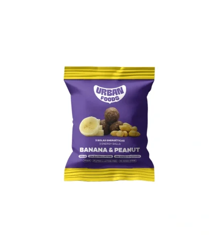 Embalagem Urban Foods Banana & Peanut com 3 bolas energéticas de banana e amendoim.