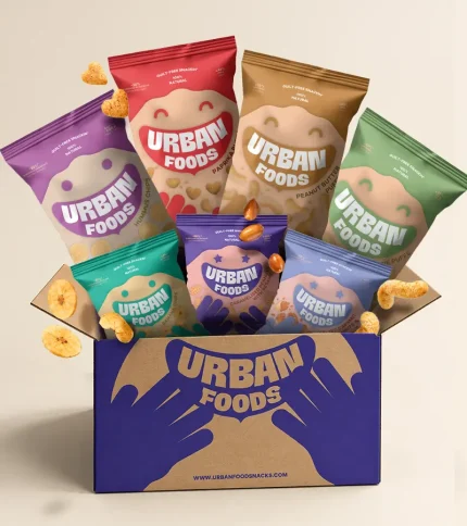 Box Um-de-Cada Urban Foods com seleção de snacks naturais, vegan e naturalmente sem glúten.