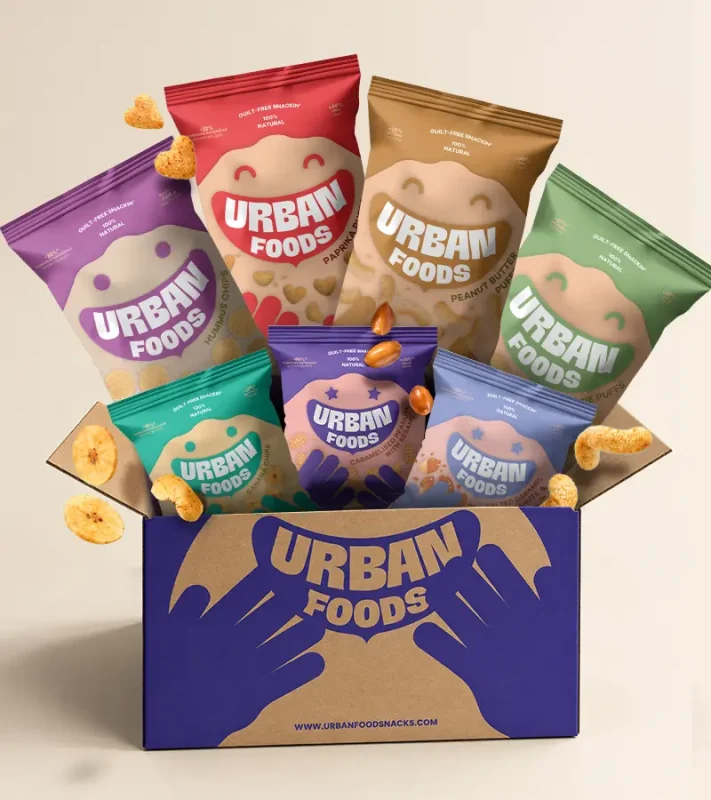 Box Um-de-Cada Urban Foods com seleção de snacks naturais, vegan e naturalmente sem glúten.