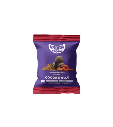 Embalagem Urban Foods Cocoa & Goji com 3 bolas energéticas de cacau e bagas de goji.