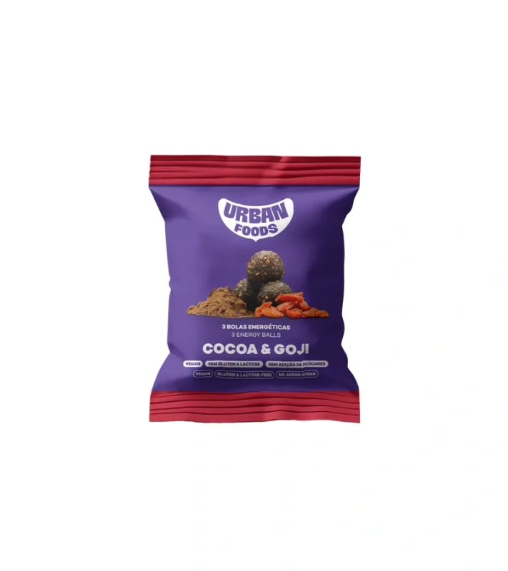 Embalagem Urban Foods Cocoa & Goji com 3 bolas energéticas de cacau e bagas de goji.